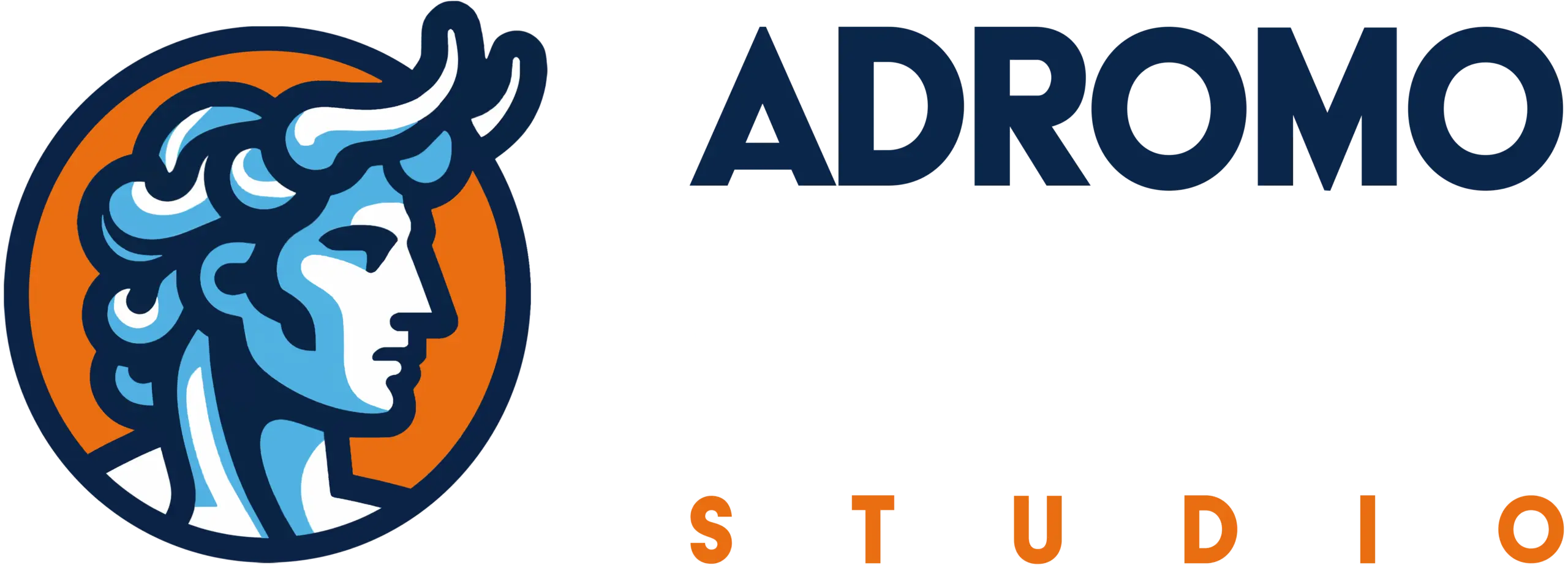 Logo mit blauem und orangefarbenem Kopfprofil