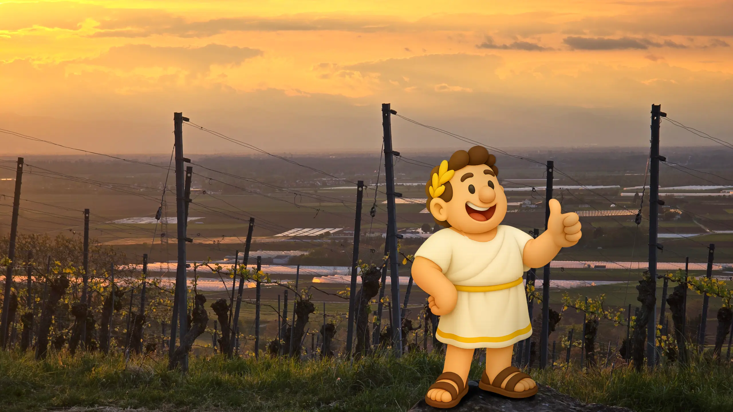 Comicfigur im Weinberg bei Sonnenuntergang