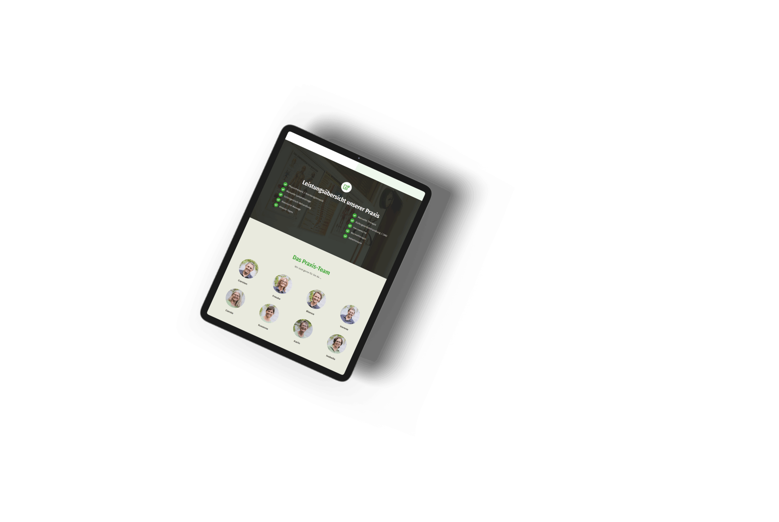 Tablet zeigt Praxis-Leistungsübersicht und Teamfotos